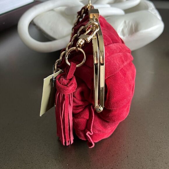 ADRIENNE VITTADINI Red Burgundy Suede Knotted Tassel Shoulder Bag. - Picture 3 of 10